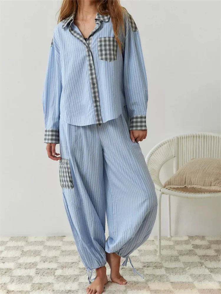 Plaid Patchwork Button-Up Sleepwear Set - Comfy Y2K Aesthetic Loungewear for Cozy Nights