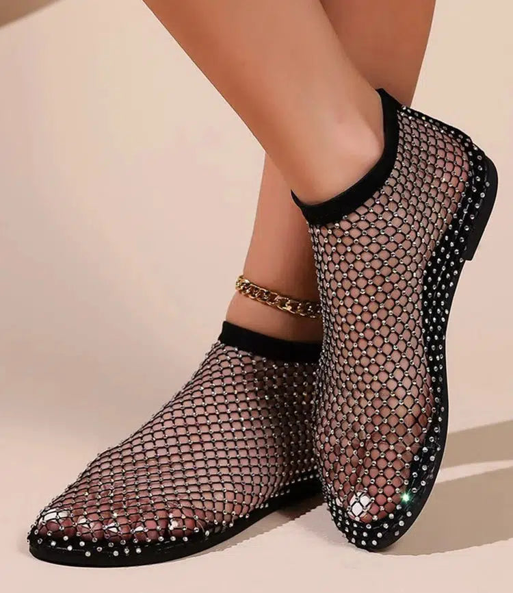 Rhinestone Fishnet Ballerina Flats - Y2K Aesthetic Summer Shoes for Grunge & 90s Fashion