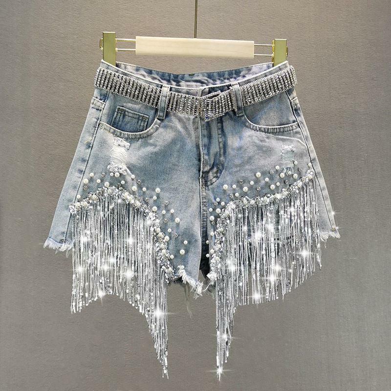 Rhinestone Fringe Denim Shorts - Y2K Cowgirl Style, Grunge Aesthetic, Summer Vibes