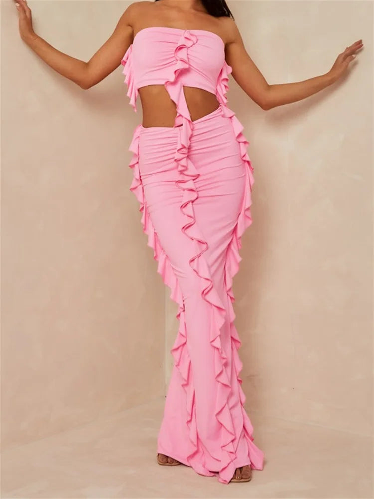 Ruffled Strapless Off-Shoulder High Waist Skirt Set - Y2K Coquette & Grunge Aesthetic