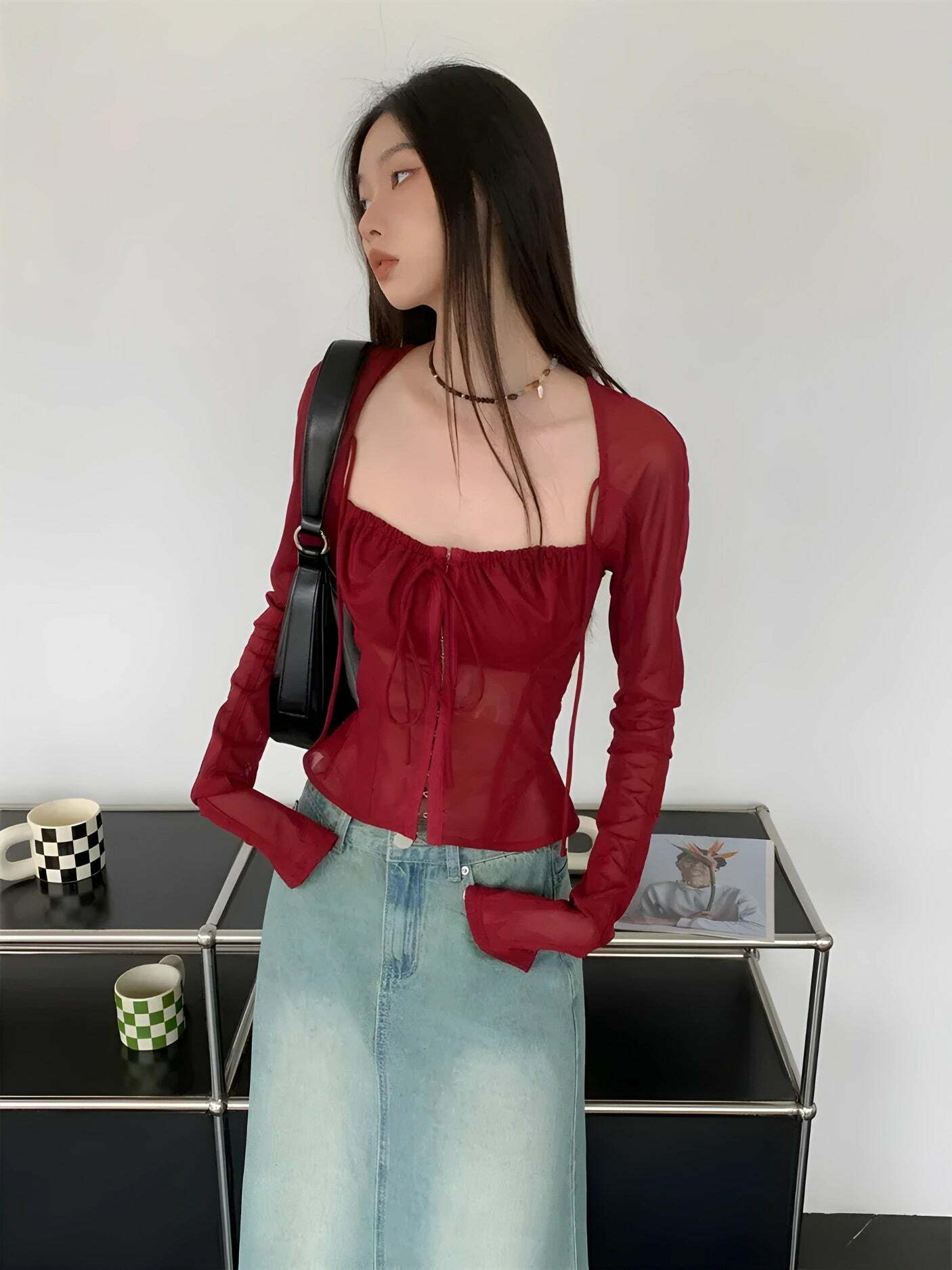 Sheer Ruched Lace Up Top - Y2K Aesthetic Summer Fashion, Grunge Style, and Cute Outfit Ideas