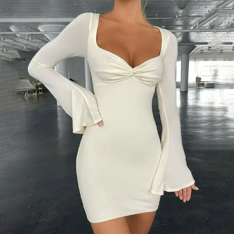 Solid Color Trumpet Sleeve Mini Dress - Y2K Aesthetic Casual Style for Trendy Looks