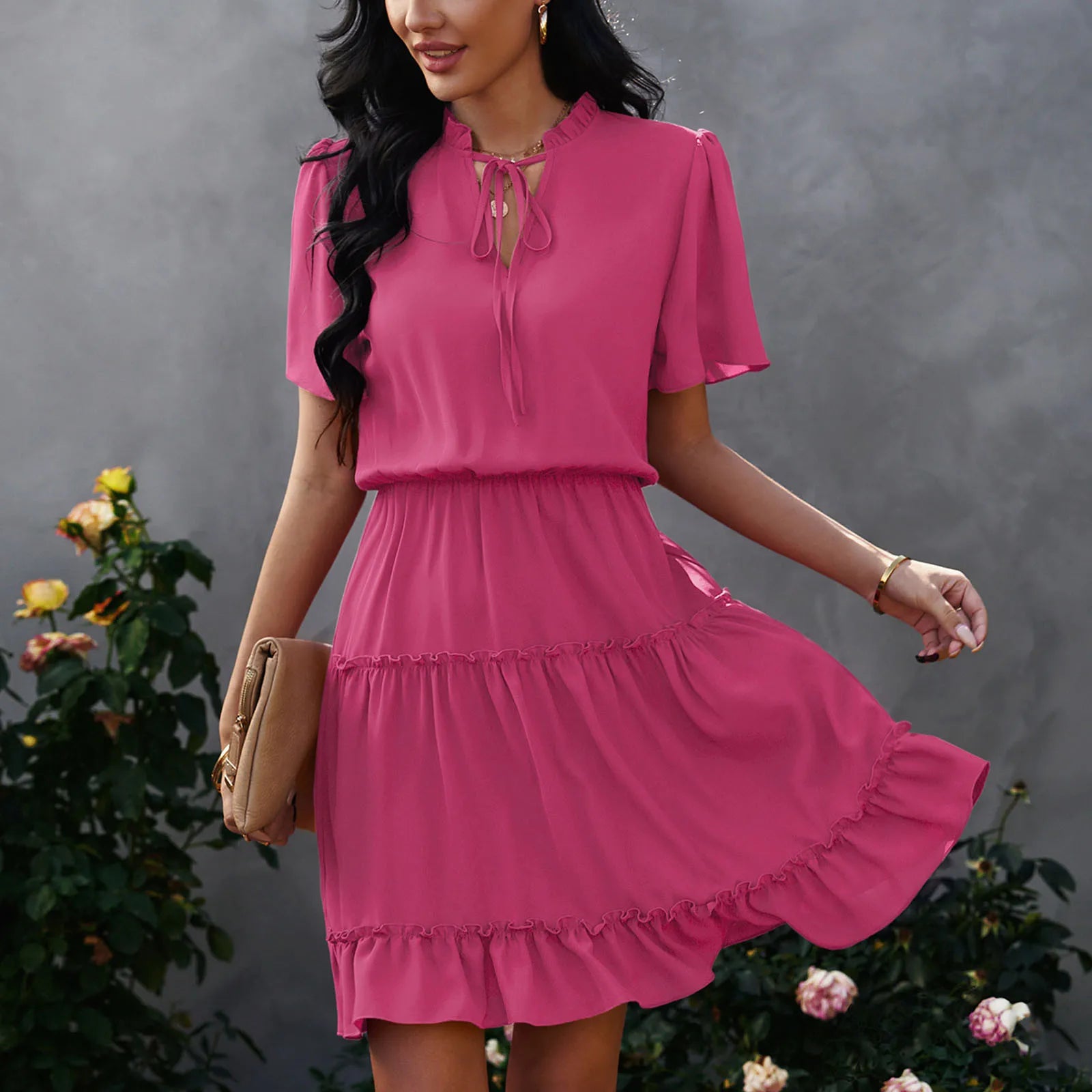 Trendy Y2K Ruffle Cake Dress - Casual Loose V Neck, Solid Color, Short Sleeve, Summer Vibes