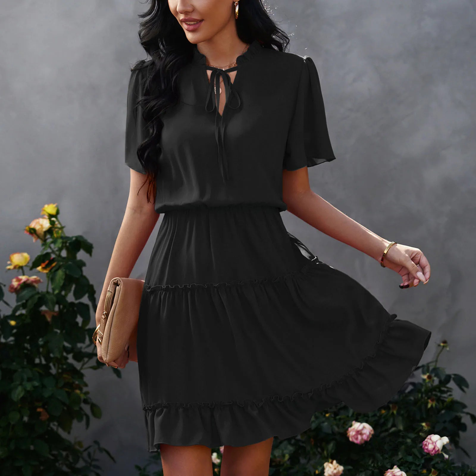 Trendy Y2K Ruffle Cake Dress - Casual Loose V Neck, Solid Color, Short Sleeve, Summer Vibes