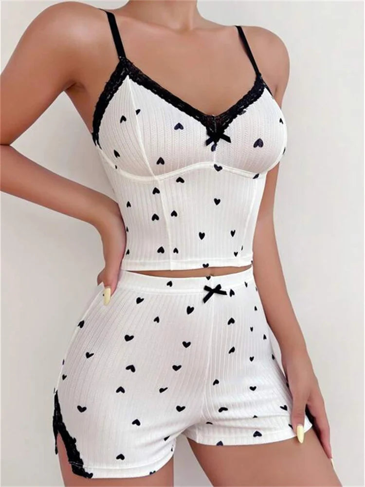 V-Neck Heart Print Camisole Set - Y2K Aesthetic Sleepwear for Cozy Nights