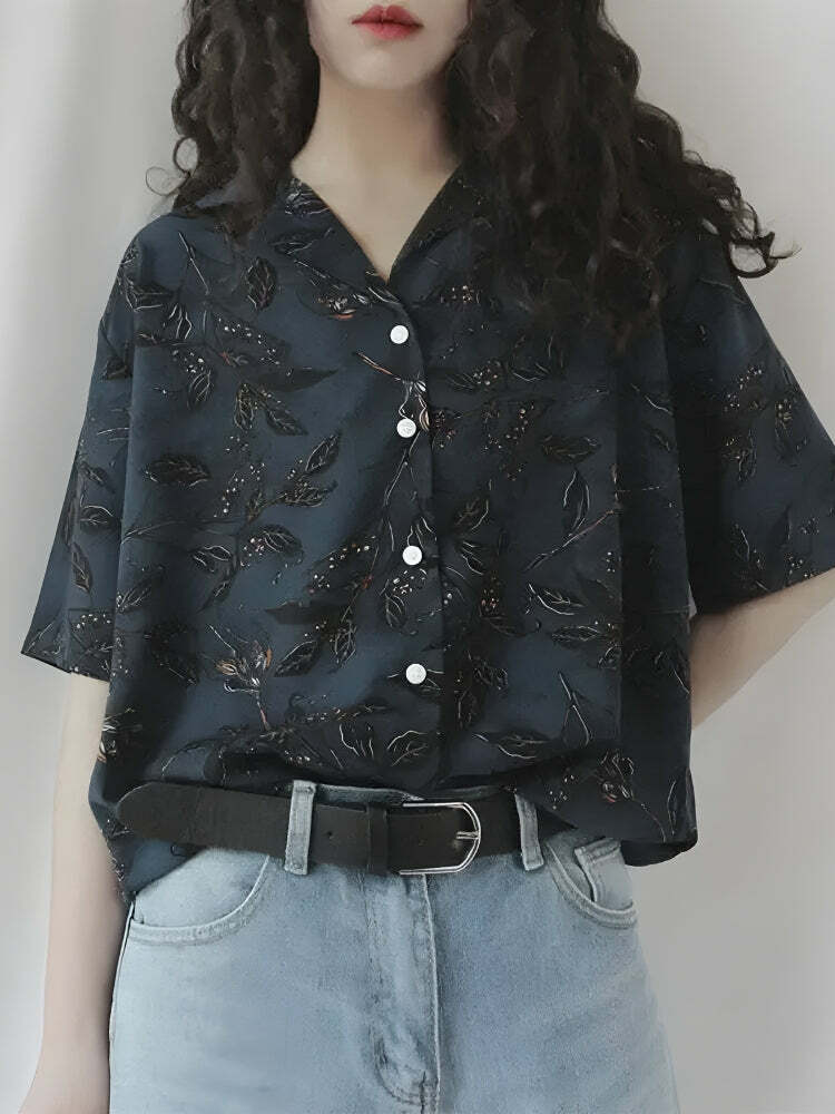 Vintage Leaf Print Y2K Aesthetic Shirt - Perfect for Summer Outfits & 90s Fashion Lovers