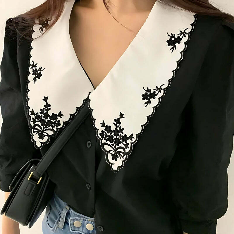 Vintage Y2K Embroidered Collar Shirt - Retro 90s Aesthetic with Grunge & Coquette Style