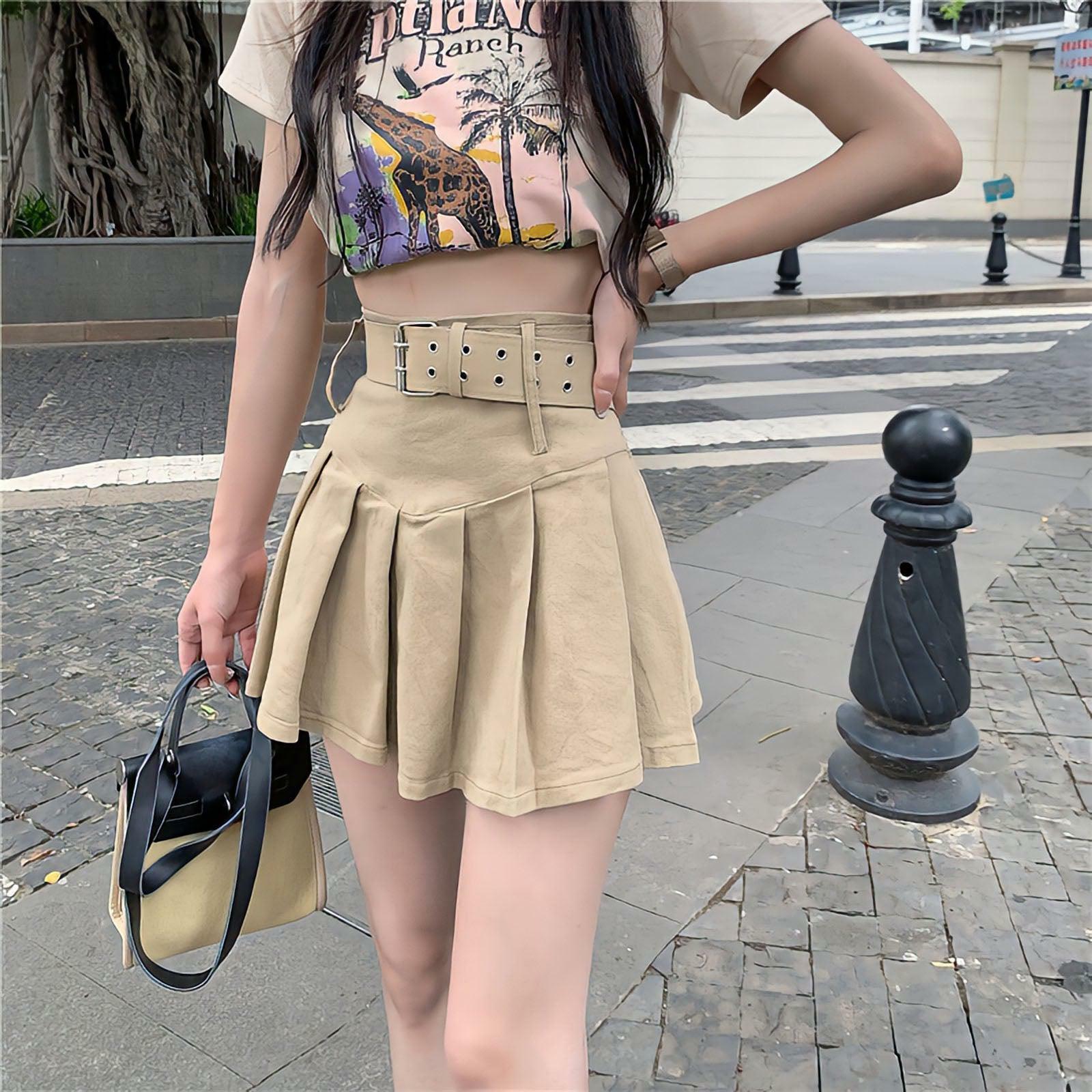 Y2K Aesthetic Belted Pleated Mini Skirt - Trendy Summer Outfit for 90s Fashion Lovers