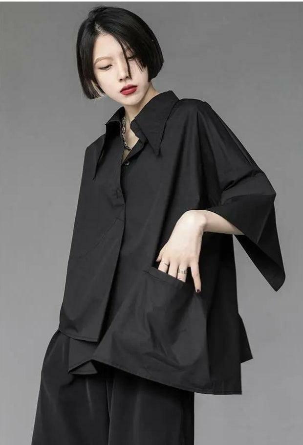 Y2K Aesthetic Black Korean Asymmetric Shirt - Trendy Grunge & 90s Fashion Essential