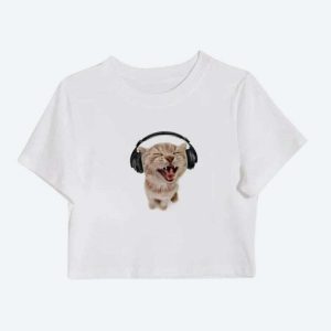 Y2K Aesthetic Cat with Earphones Tee - Trendy Grunge Style for Summer Outfits