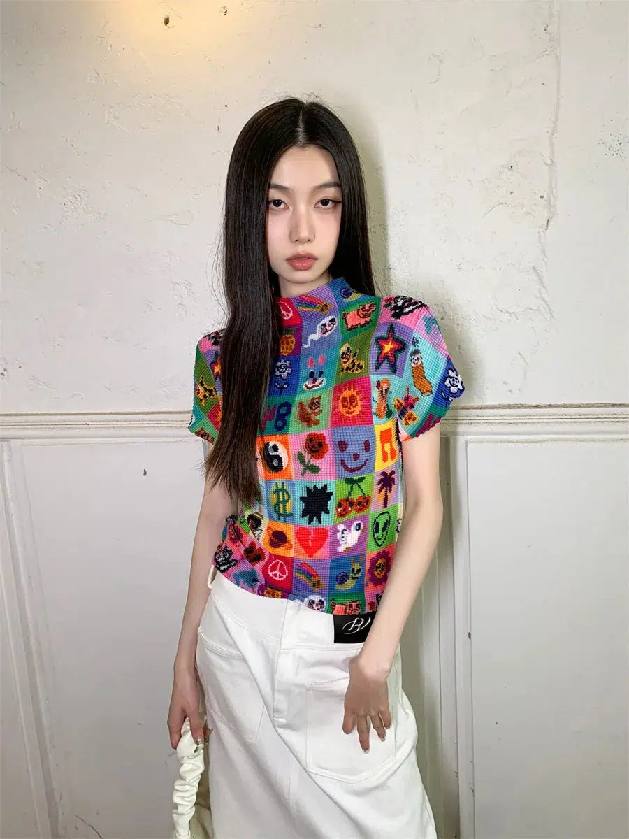 Y2K Aesthetic Colorful Sketchbook Pleated Top - Trendy Summer Outfit for 90s Fashion Lovers