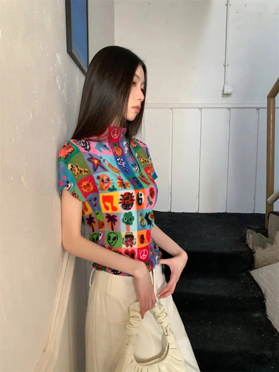 Y2K Aesthetic Colorful Sketchbook Pleated Top - Trendy Summer Outfit for 90s Fashion Lovers