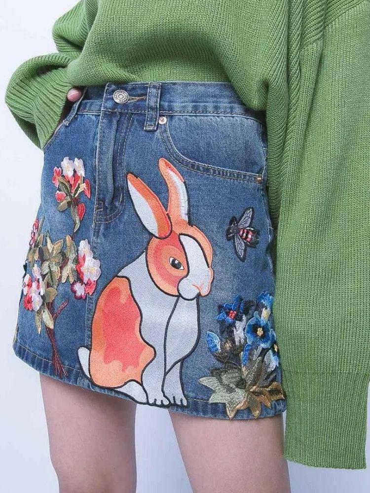 Y2K Aesthetic Cute Rabbit Denim Mini Skirt - Trendy Summer Outfit for 2000s Fashion Lovers