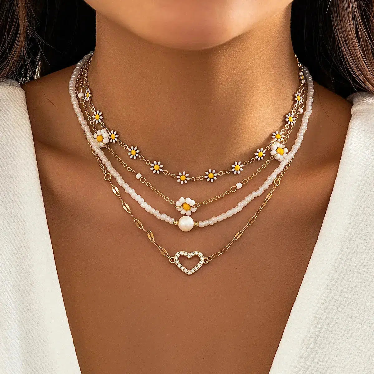 Y2K Aesthetic Daisy & Heart Necklace Set - Cute Layered Jewelry for 90s Fashion Lovers