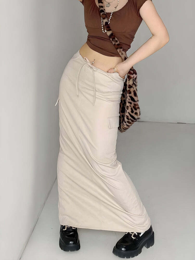 Y2K Aesthetic Drawstring Waist Parachute Maxi Skirt for Summer Outfits & Grunge Style