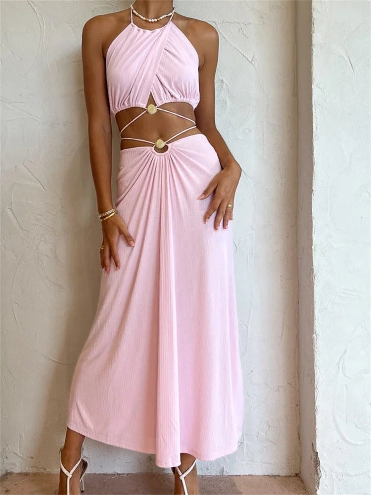 Y2K Aesthetic Halter Backless Crop Top & Long Skirt Set - Cute Coquette & Grunge Style