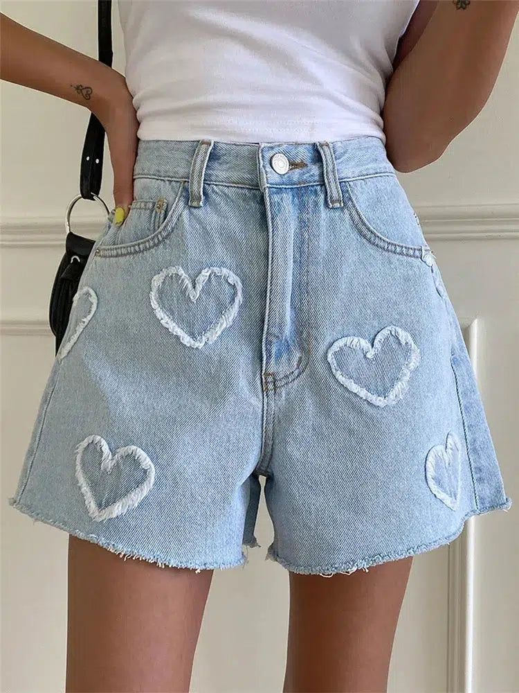 Y2K Aesthetic Heart Patch Denim Shorts - Cute Summer Outfit for Grunge & Coquette Styles