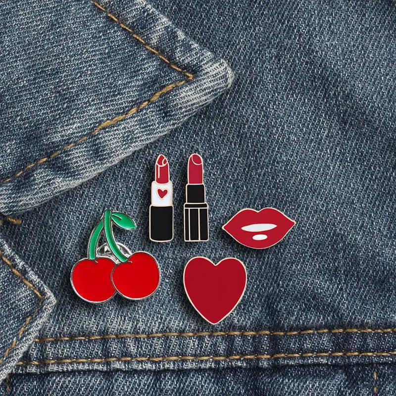 Y2K Aesthetic Lipstick Heart Cherry Enamel Pins - Cute Accessories for 90s & 2000s Fashion