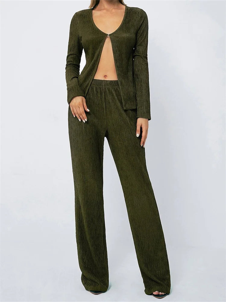 Y2K Aesthetic Long Sleeve Front Split Top & Wide Leg Pants Set - Trendy Coquette Style