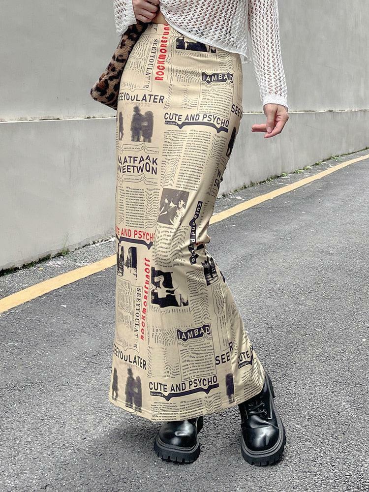 Y2K Aesthetic Newspaper Printed Maxi Skirt - Trendy Summer Outfit for Grunge & 90s Fashion