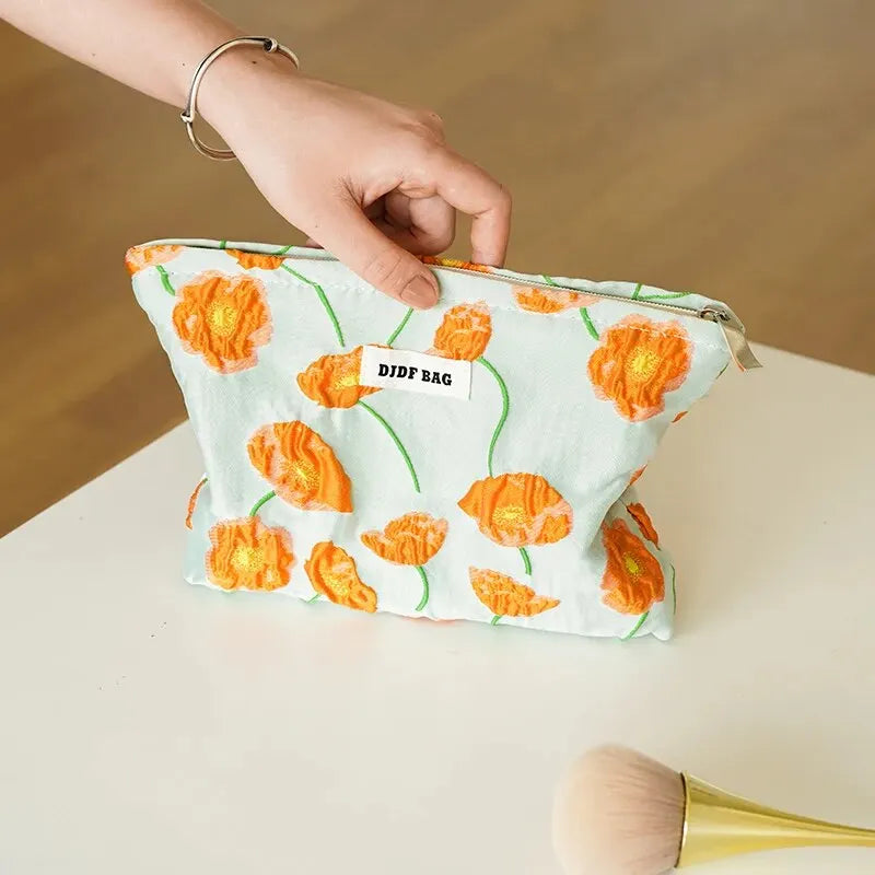 Y2K Aesthetic Orange Flowers Makeup Bag for Summer Outfits & 90s Fashion Lovers