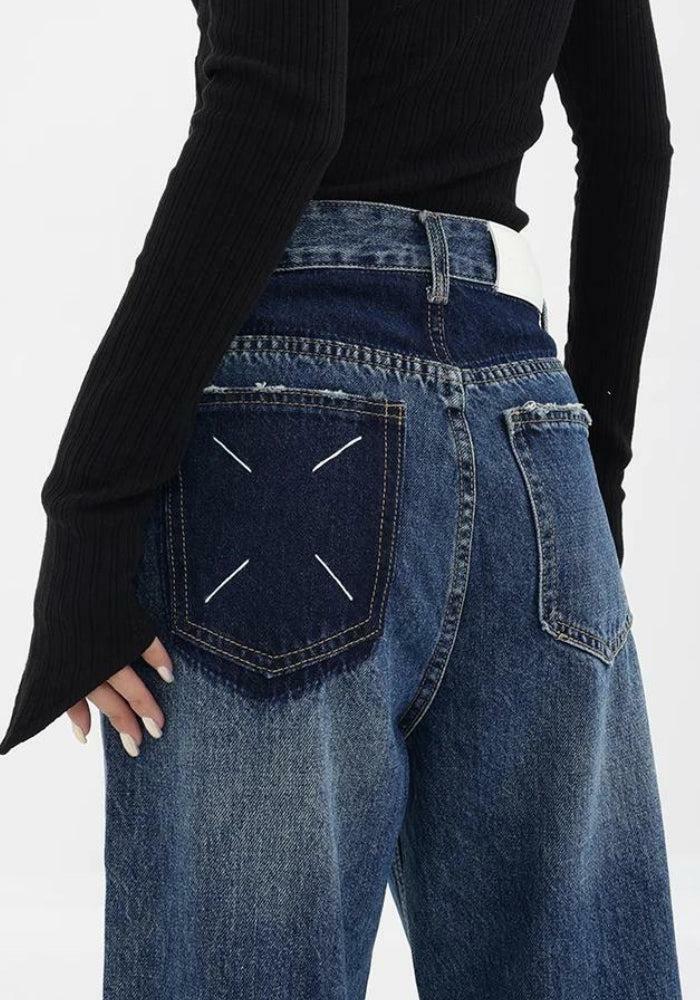 Y2K Aesthetic Patch Pocket Straight Leg Denim Jeans for Grunge and 90s Fashion Lovers