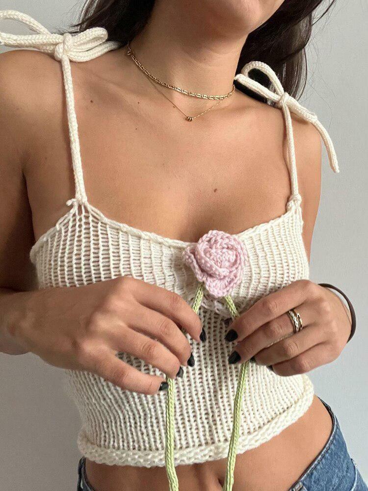 Y2K Aesthetic Rose Knitted Crop Top - Perfect for Summer Outfits & 90s Fashion Vibes