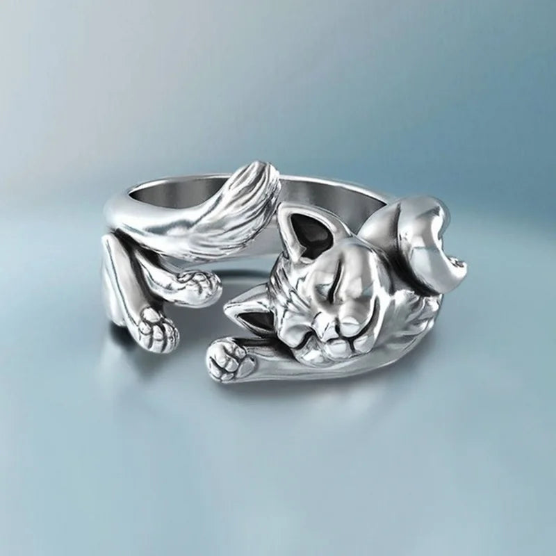 Y2K Aesthetic Sleeping Cat Ring - Cute Gold Jewelry for 90s & 2000s Fashion Lovers