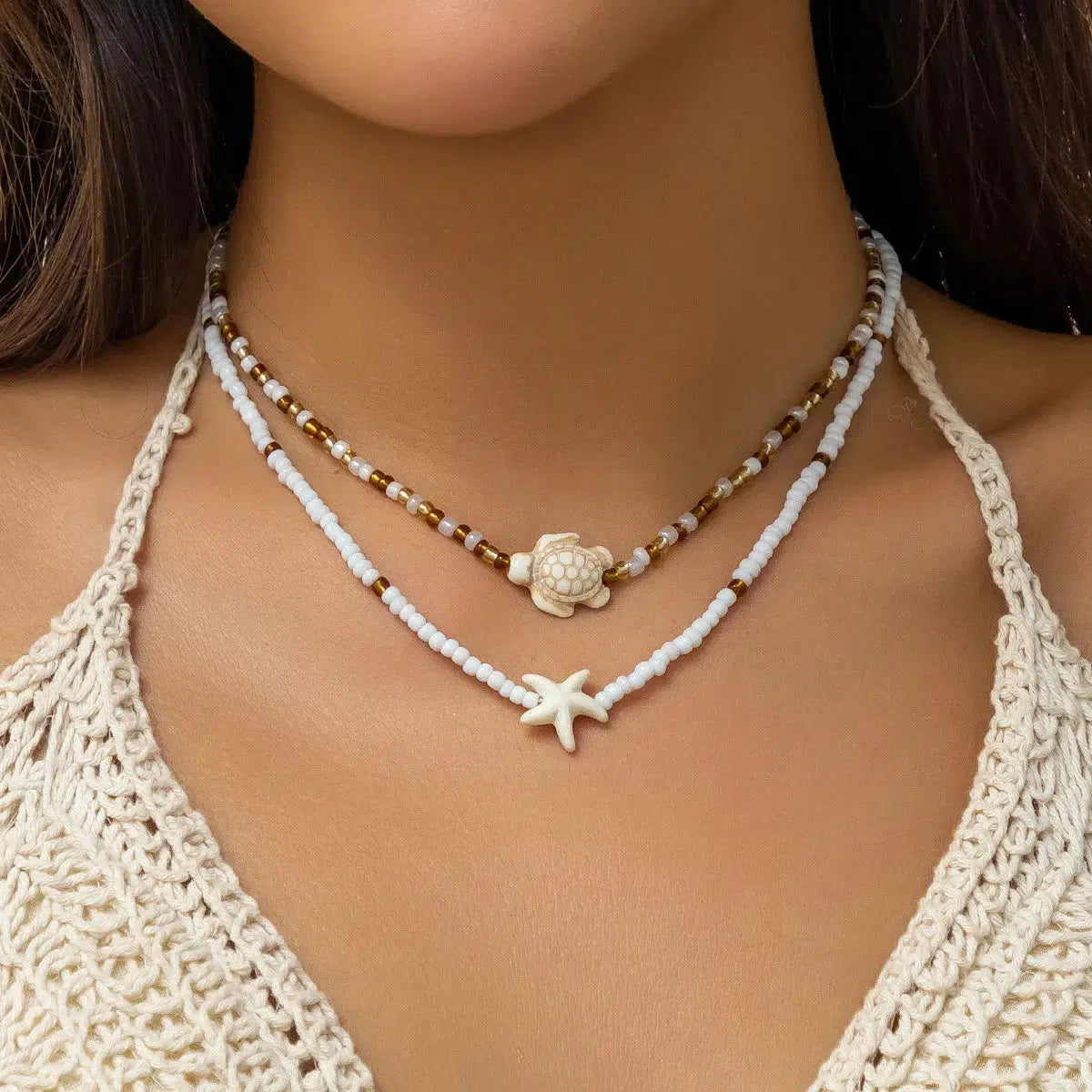 Y2K Aesthetic Starfish & Turtle Beaded Necklace Set - Cute Summer Accessories for Outfits