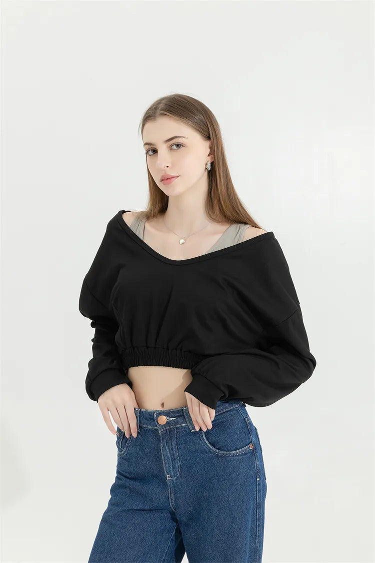 Y2K Aesthetic Strap Detailed Wide Neck Crop Sweatshirt for Trendy Summer Outfits