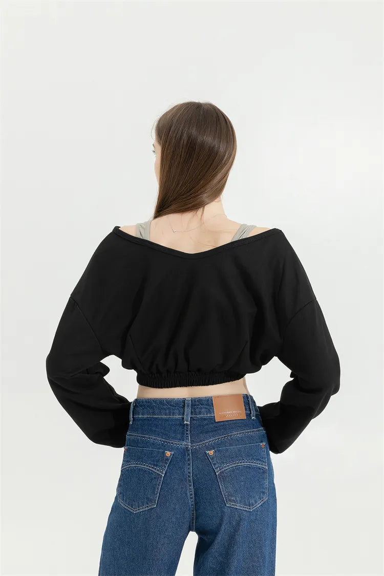 Y2K Aesthetic Strap Detailed Wide Neck Crop Sweatshirt for Trendy Summer Outfits