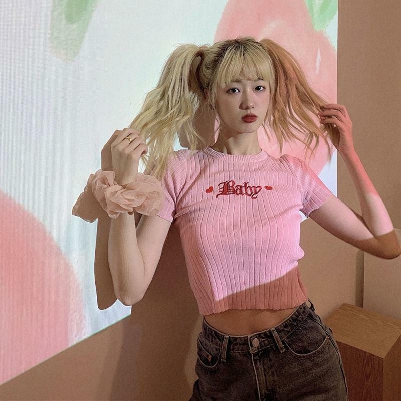 Y2K Barbie Embroidered Crop Top - Trendy 90s Aesthetic for Summer Outfits & Cute Looks