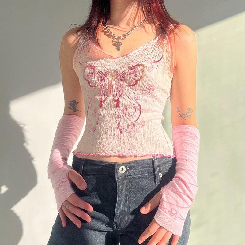 Y2K Butterfly Pink Crop Top - Trendy Summer Outfit, Grunge Aesthetic, 90s Fashion Vibes