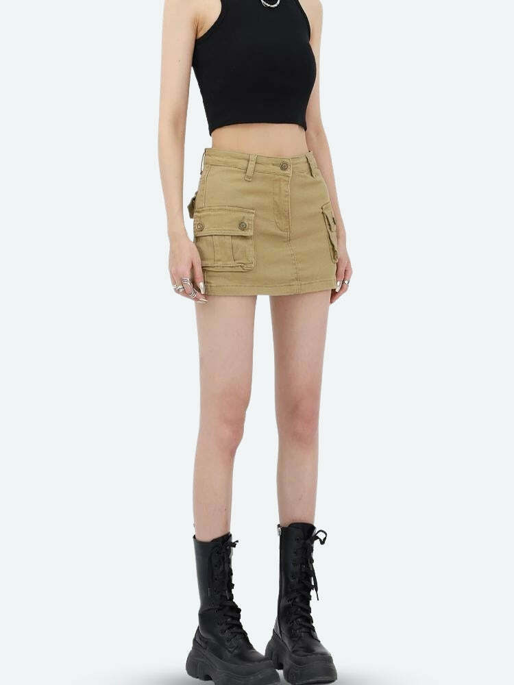 Y2K Cargo Denim Mini Skirt - Trendy 90s Grunge Aesthetic for Summer Outfits & Festivals