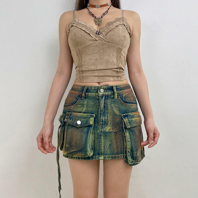 Y2K Cargo Denim Mini Skirt - Trendy 90s Grunge Aesthetic for Summer Outfits & Festivals