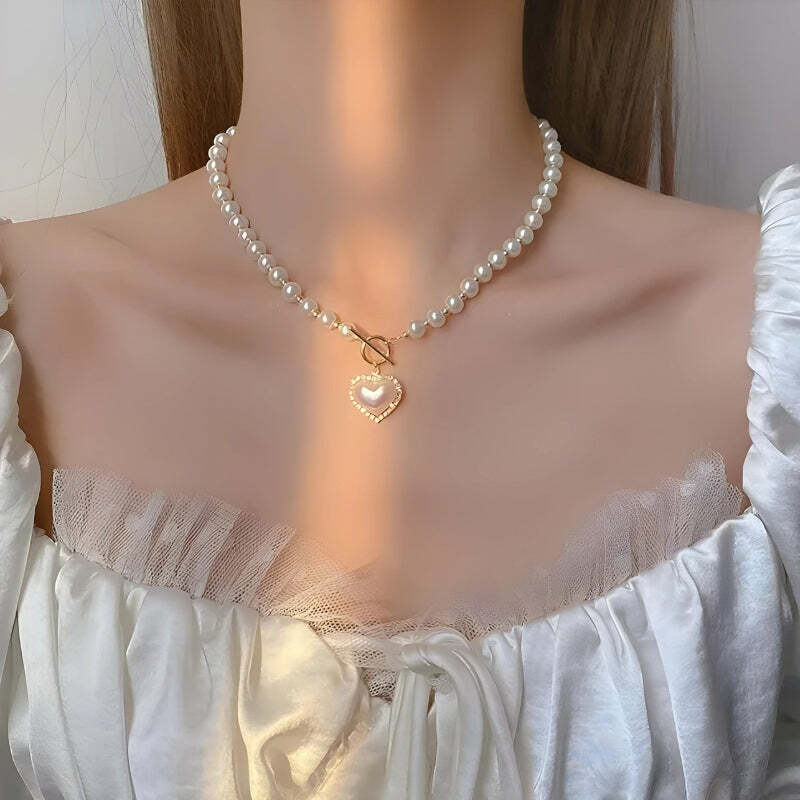 Y2K Coquette Heart Pearl Necklace - Vintage 90s Aesthetic Jewelry for Chic Outfits