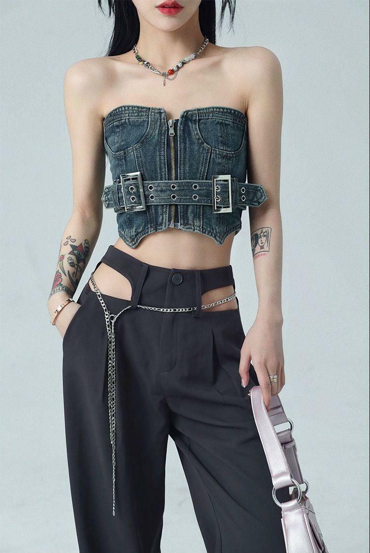 Y2K Cowgirl Crop Denim Tube Top - Trendy Summer Outfit for Grunge & 90s Fashion Lovers