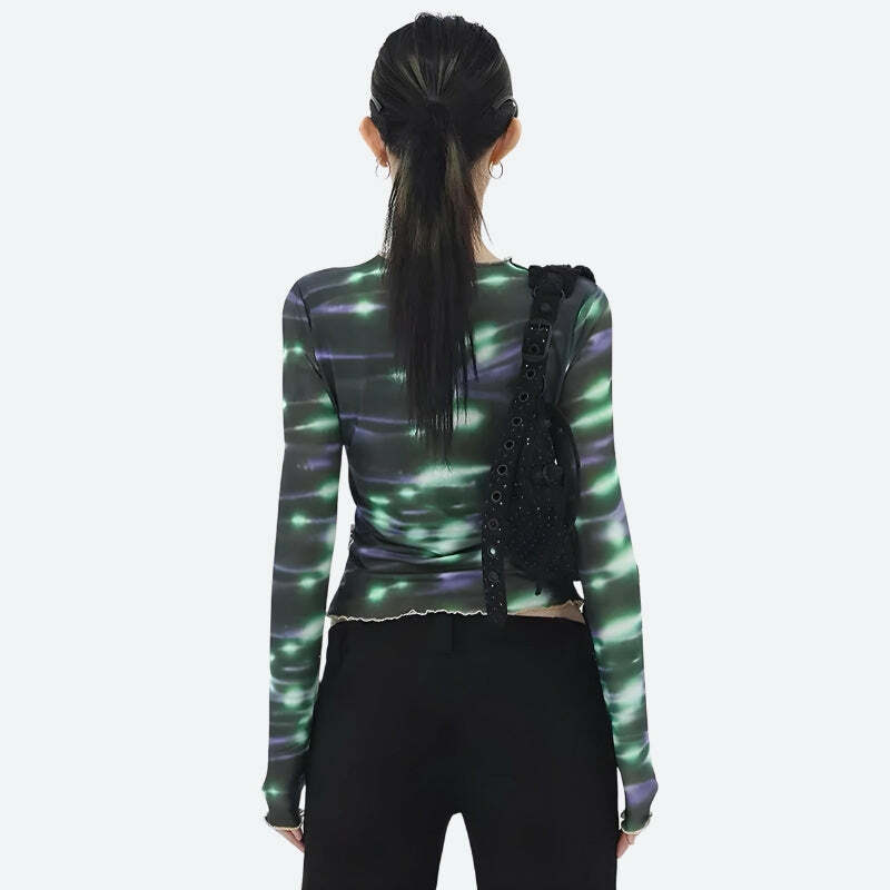 Y2K Cyberpunk Green Lights Mesh Top - Grunge Aesthetic, 2000s Fashion, Trendy Summer Outfit