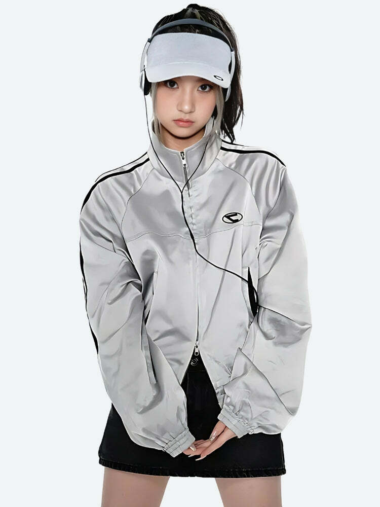 Y2K Cyberpunk Reflective Double Zip-Up Jacket for Grunge & 90s Aesthetic Outfits