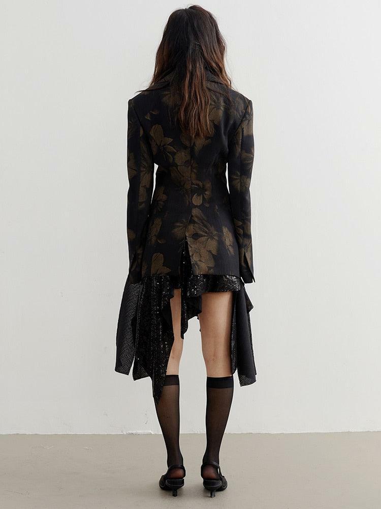 Y2K Dark Floral Asymmetric Blazer - Grunge Aesthetic, 90s Fashion, Trendy Layering Piece