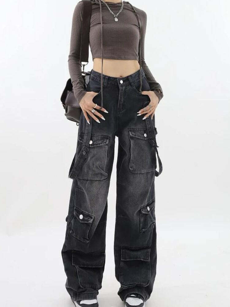 Y2K Dark Wash Cargo Pants: Trendy Grunge Style for Summer Outfits & 90s Fashion Vibes