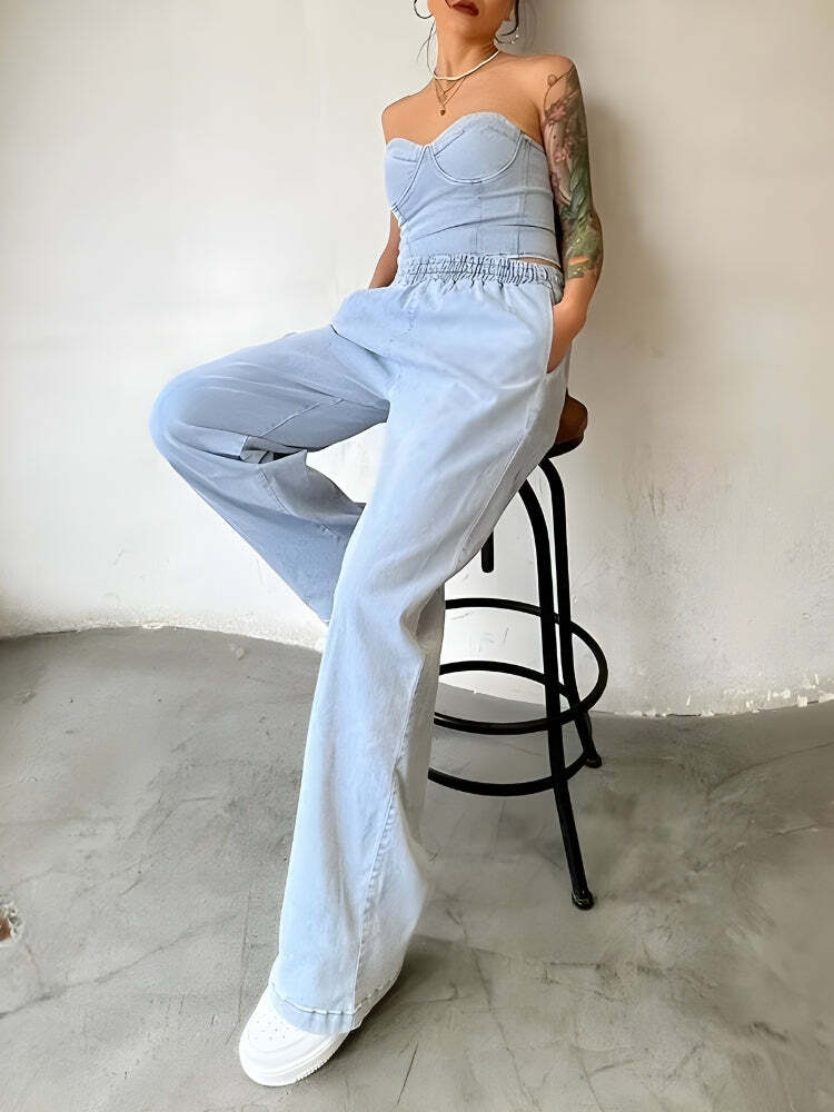 Y2K Denim Top & Baggy Pants Set - Trendy 90s Fashion for Summer Outfits & Aesthetic Looks