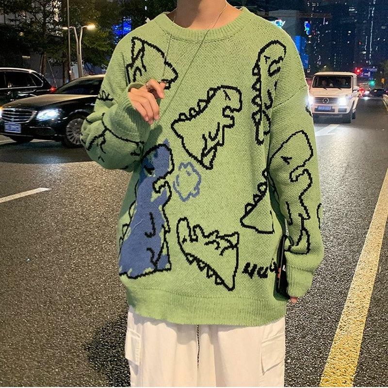 Y2K Dinosaur Knitted Sweater - Cute Grunge Style for 2000s Fashion Lovers