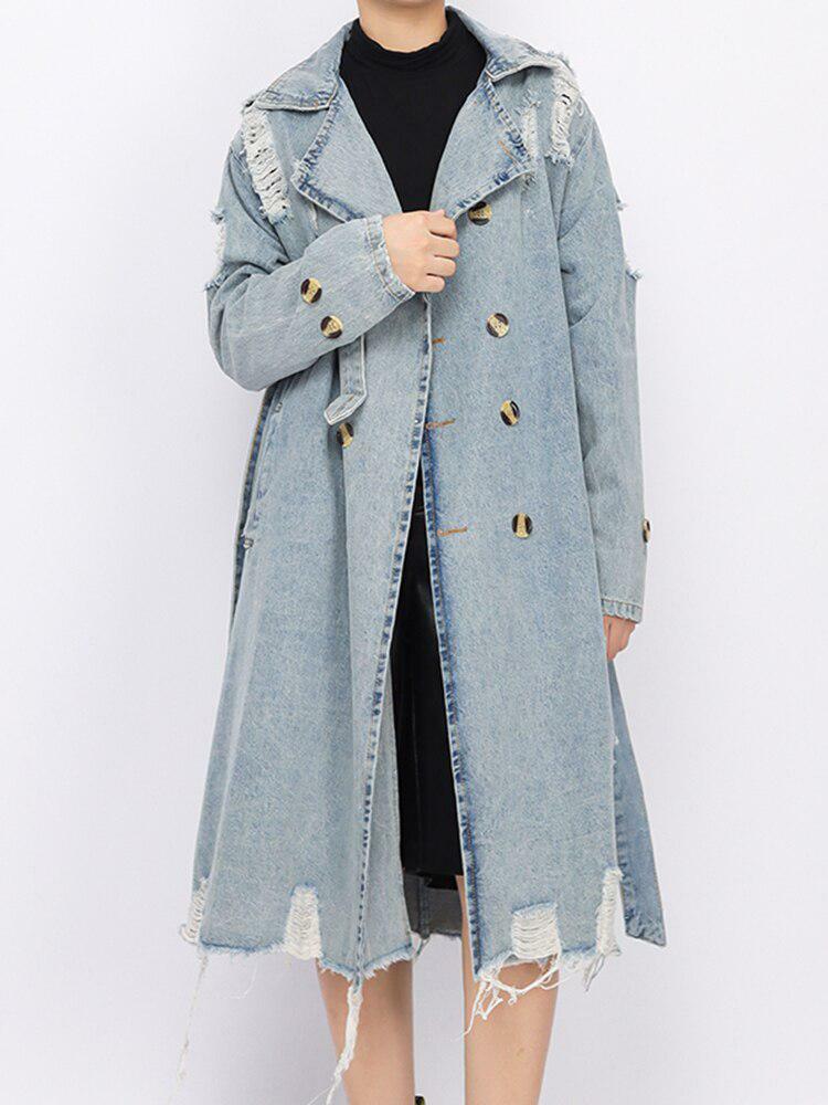 Y2K Distressed Denim Trench Coat - Grunge Aesthetic Outerwear for 2000s Fashion Lovers