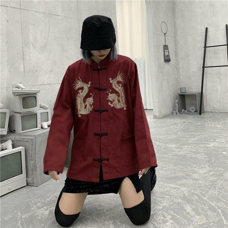 Y2K Dragon Embroidery Mandarin Collar Shirt - Trendy Grunge Aesthetic for Summer Outfits