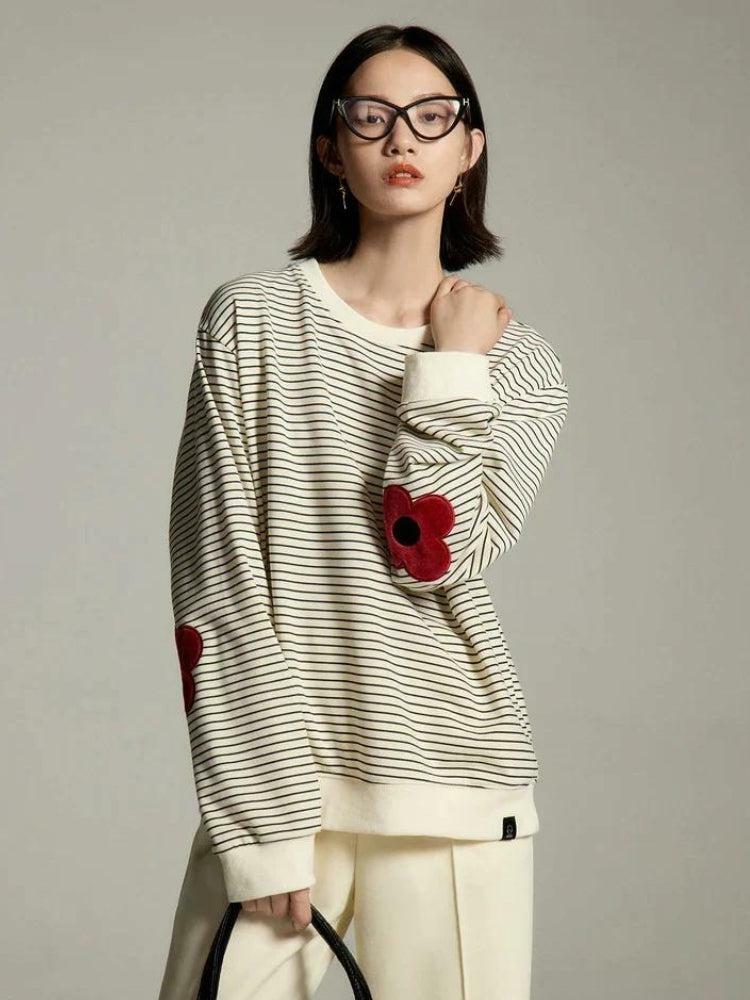 Y2K Embroidered Striped Sweatshirt - Vintage 90s Grunge Aesthetic, Cute Casual Outfit Idea