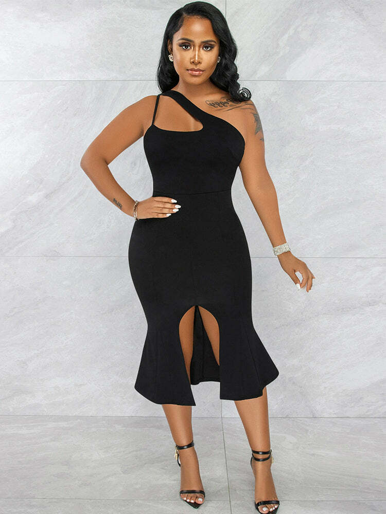 Y2K Fashion Sexy Slant Shoulder Cut Out Backless Bodycon Midi Skirt - Grunge & Coquette Aesthetic