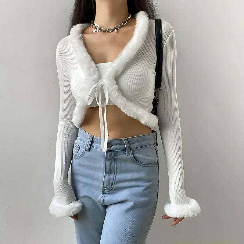 Y2K Faux Fur Corduroy Crop Cardigan for Grunge Aesthetic & 90s Fashion Lovers