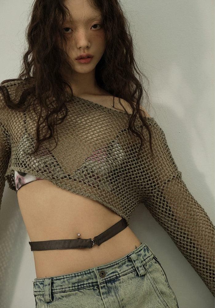 Y2K Fishnet Crop Shrug Sweater - Grunge Aesthetic Layering for 2000s Fashion Outfits