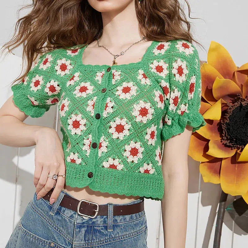 Y2K Floral Crochet Cardigan for Summer: Vintage 90s Grunge Aesthetic Layering Piece